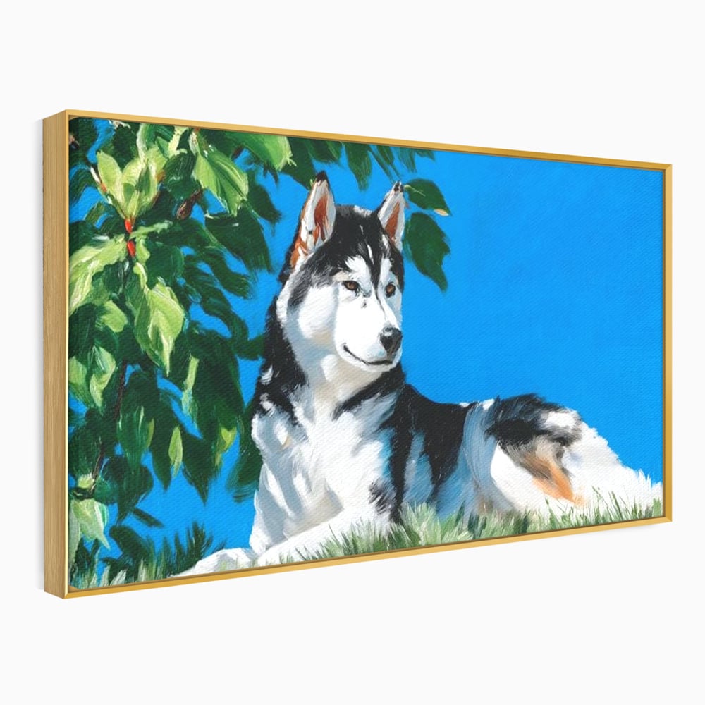 Tablou canvas cu tablou canvas cu husky sub copac, in rama de aluminiu auriu